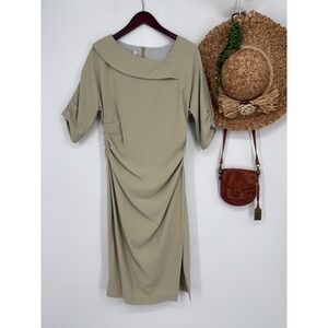 Blingor Ruched MIDI Dress Short Sleeve‎ Asymmetrical Neck Sage Green XL Business